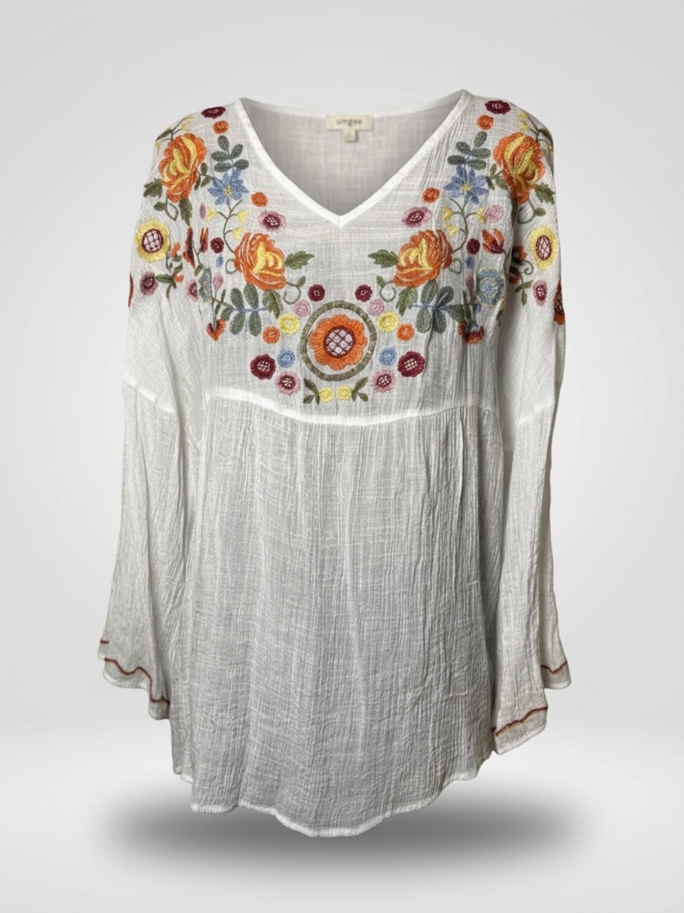 Umgee White Floral Embroidered V-Neck Bell Sleeve Tunic Size Large Excellent - Picture 2 of 11